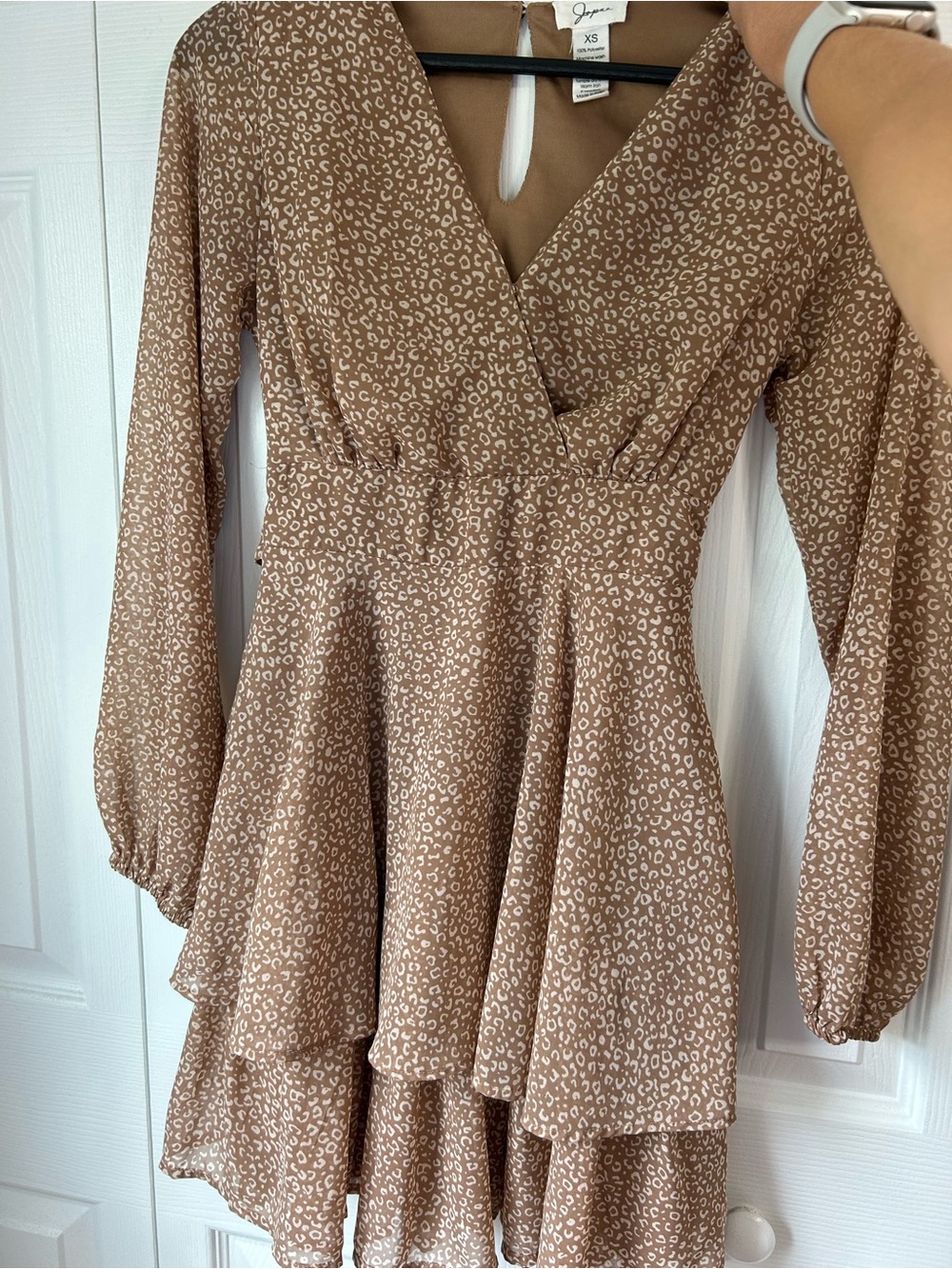 Brown Printed Tiered Long-Sleeve Wrap Dress